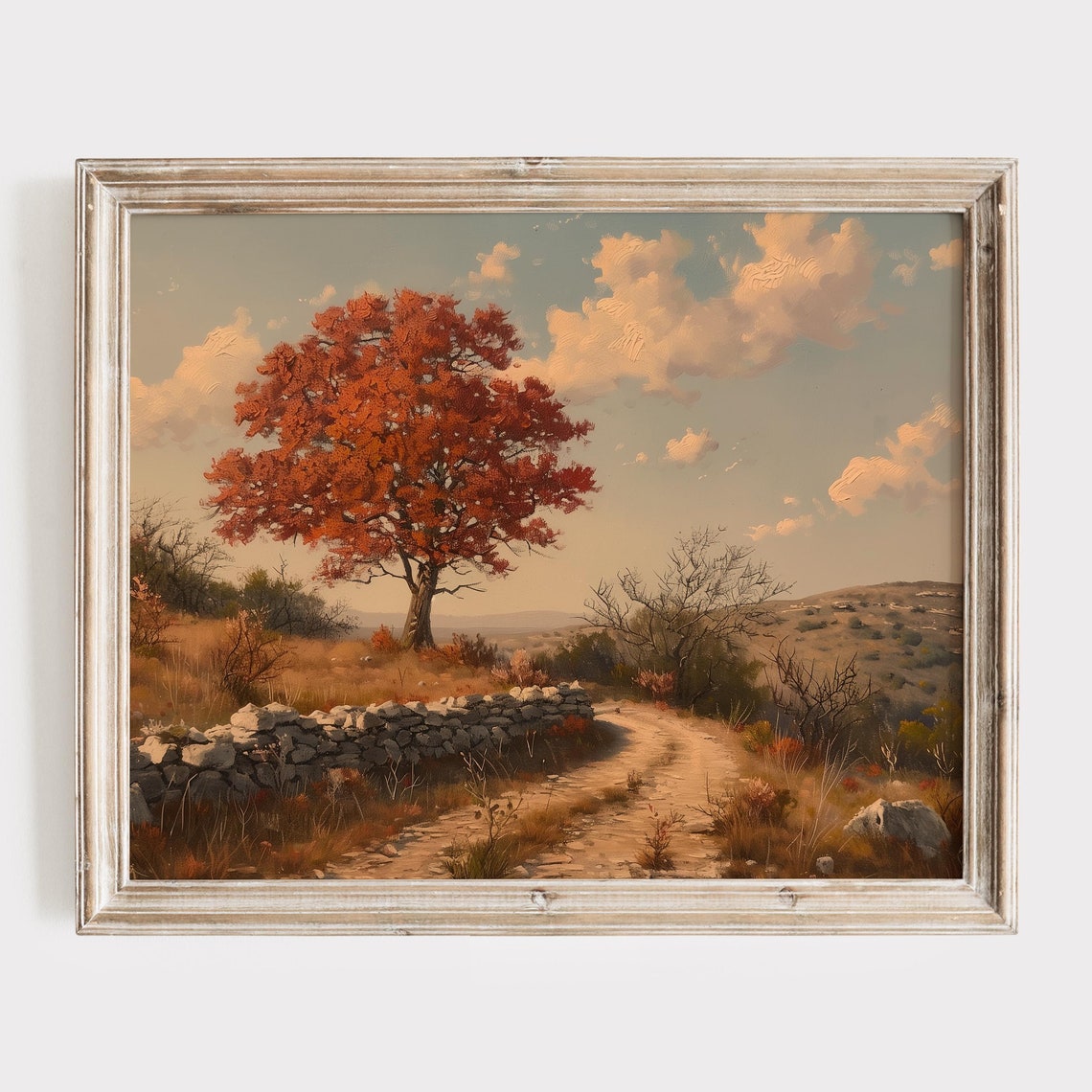 Blazing Red Tree Beside a Dry Stone Wall on a Country Path Poster