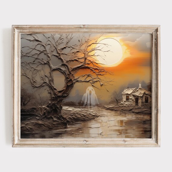 Haunted Cottage At Sunset With A Ghost Under A Full Moon Poster