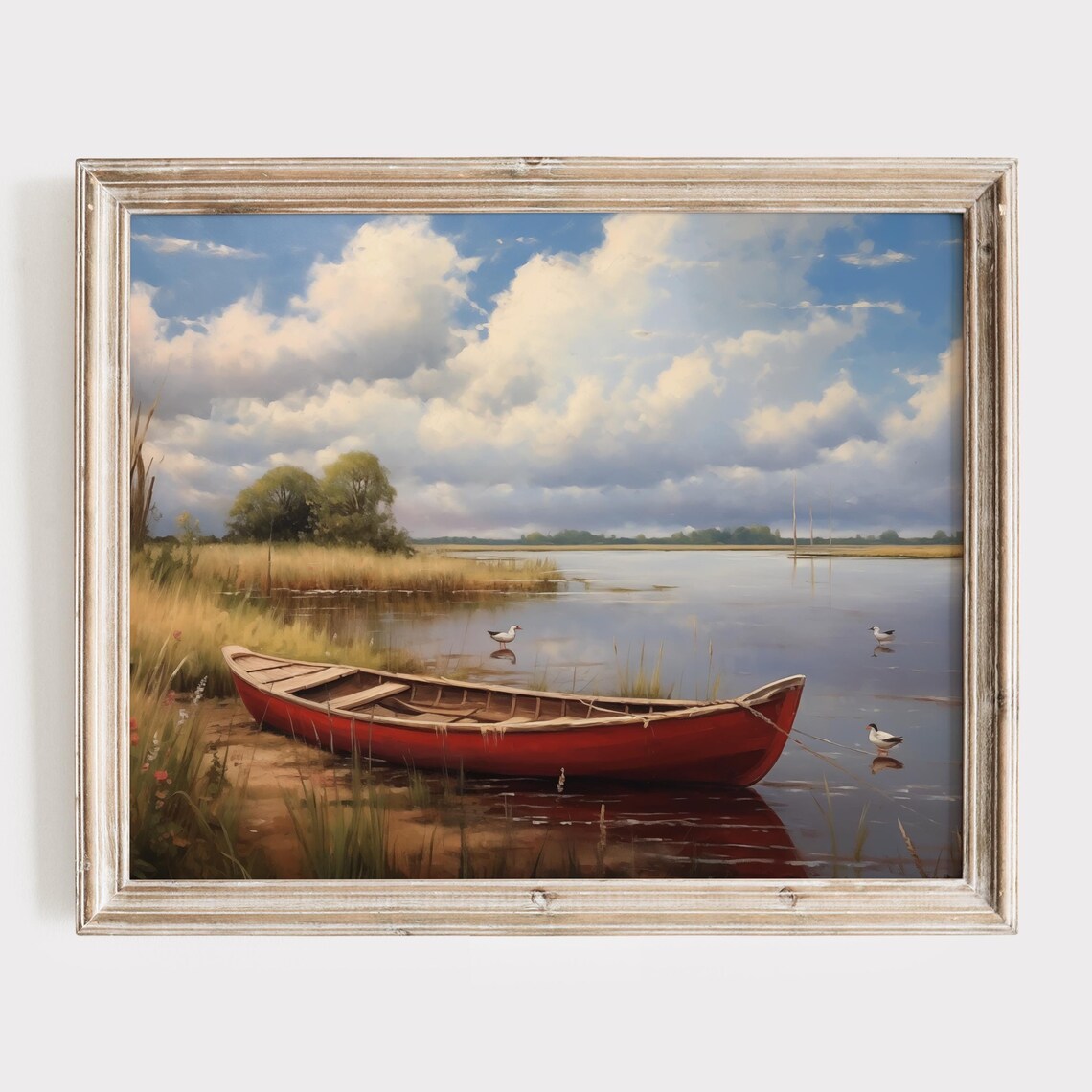 Red Canoe Floating On A Still Lake With Ducks Classic Nature Poster