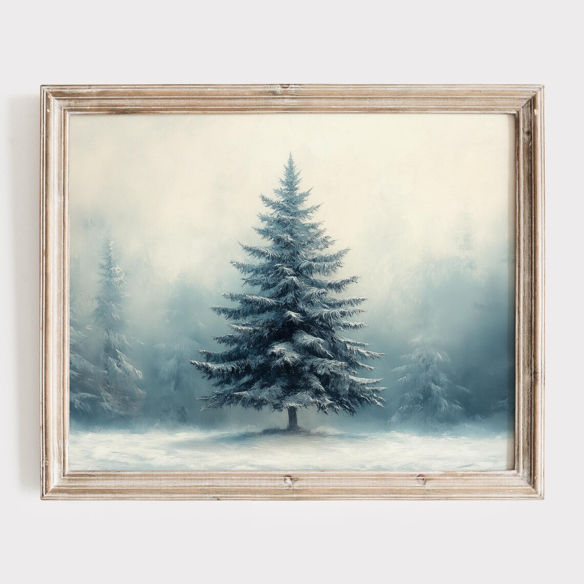 Lone Snowy Fir Tree Standing Alone in Misty Winter Forest Poster