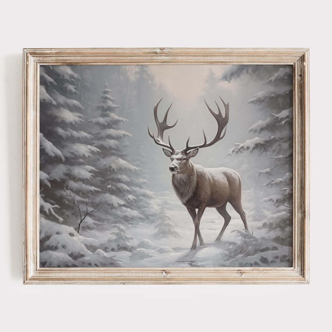 Majestic Buck with Large Antlers Walking Snowy Forest Poster