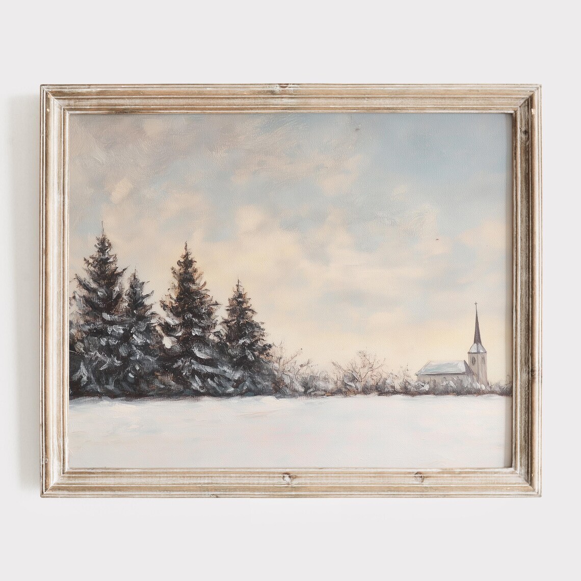 Snowy Field Evergreens with Distant Church Soft Winter Poster