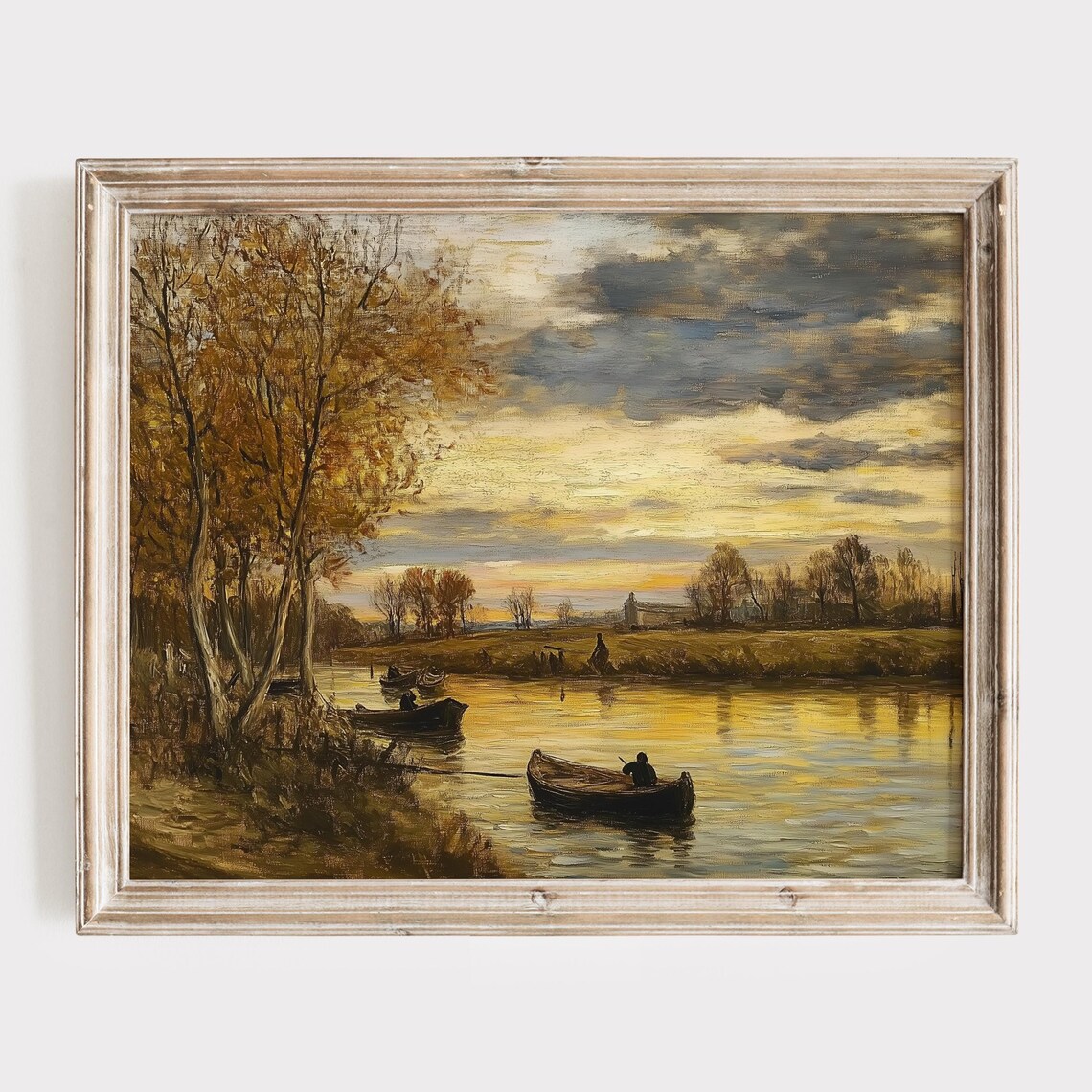 Fishermen in Boats on a Shimmering Sunset River Painting Poster