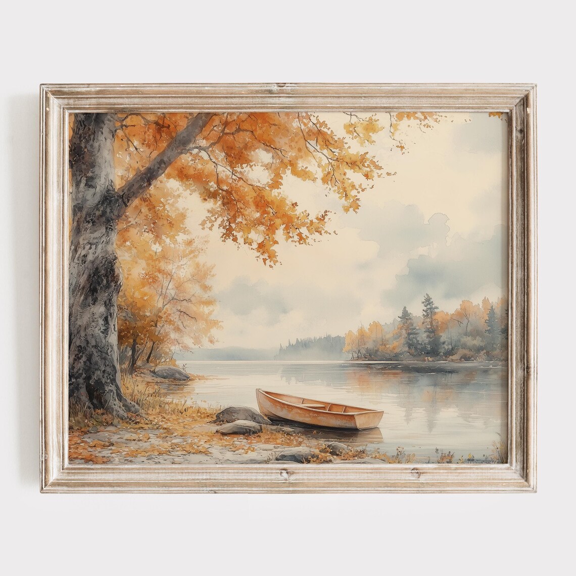 Wooden Canoe Resting on a Quiet Autumn Lakeshore Watercolor Poster