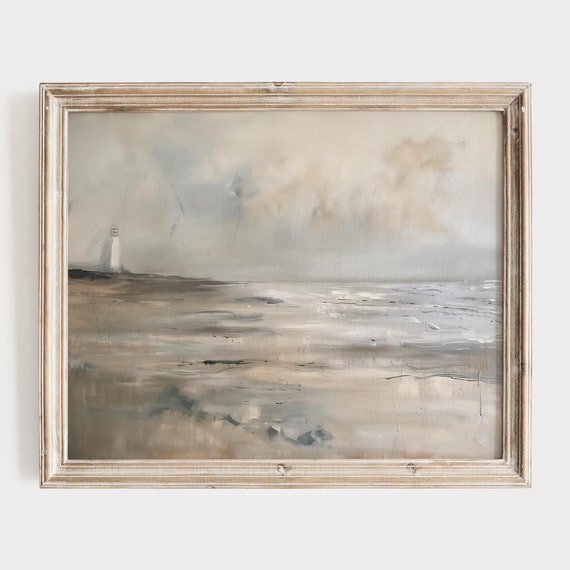 Coastal Lighthouse Wall Art Minimalist Beach Scene Painting Tranquil Seascape Artwork Ocean Decor Soft Coastal Landscape