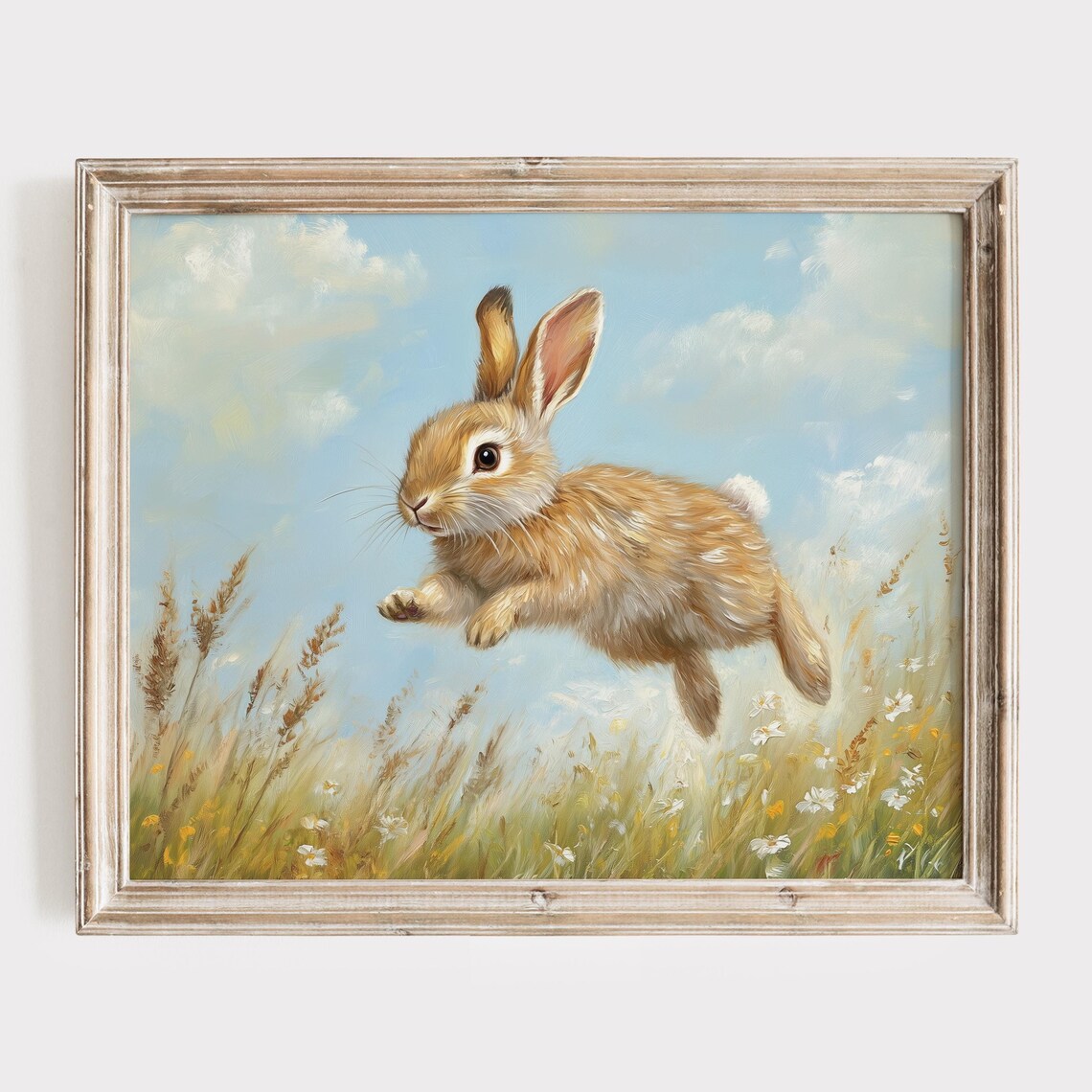 Leaping Bunny Above A Wildflower Meadow Under A Blue Sky Poster