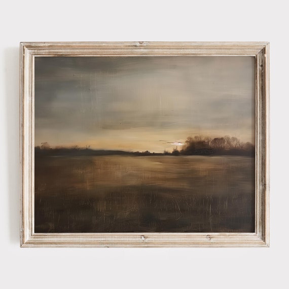 Golden Sunset Landscape Oil Painting Rustic Countryside Wall Art Serene Vintage Farmhouse Decor Minimalistic Warm Nature Inspired Art