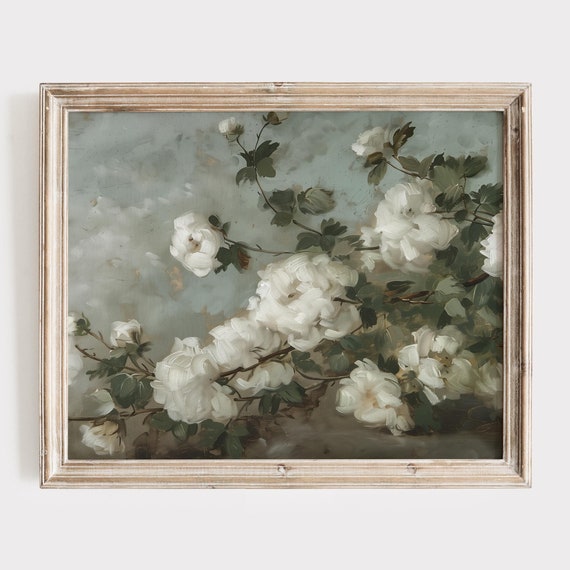 Vintage Botanical Prints White Cotton Flowers Moody Vintage Still Life Paint Dark Botany Print Rustic Floral Art Room Decor