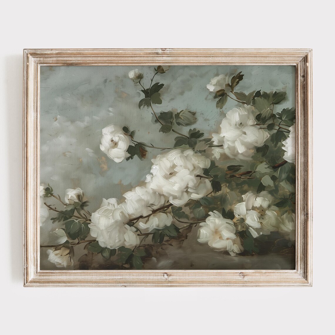 White Roses on Sage Green Moody Vintage Floral Still Life Poster