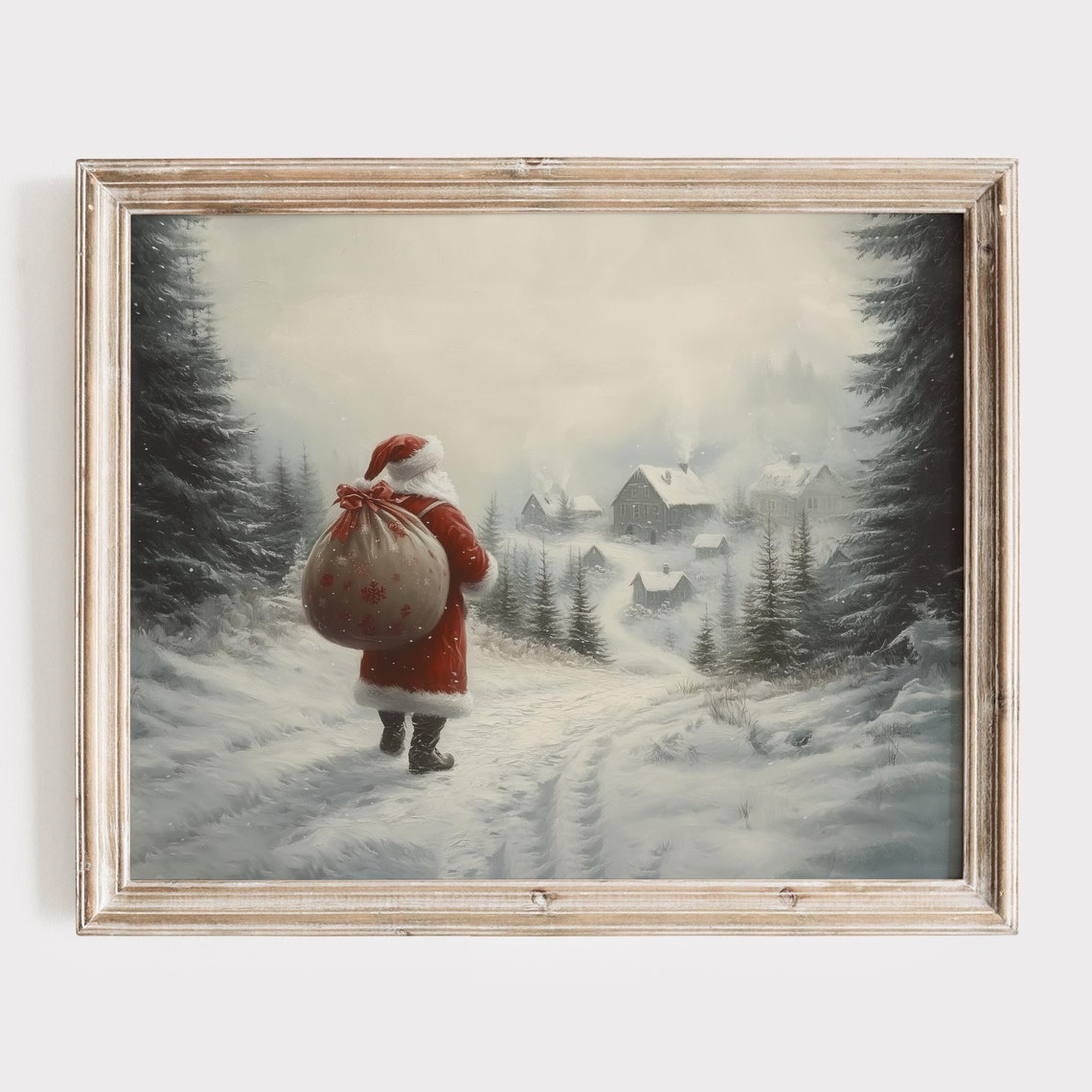 Santa Claus Toy Sack Walking Snowy Village Road Vintage Poster