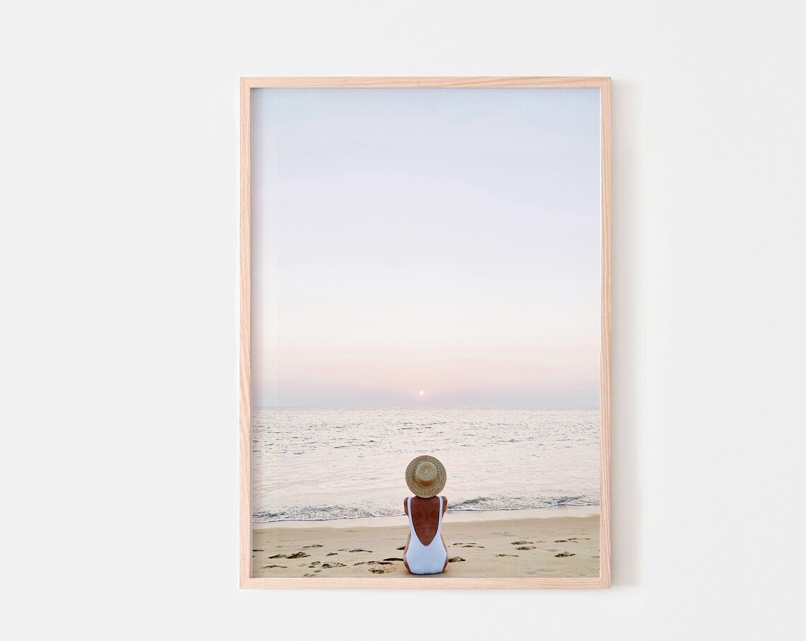 Woman on Beach Print, Modern Coastal Poster