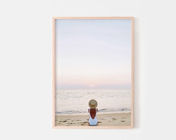 Woman on Beach Print, Modern Coastal Poster