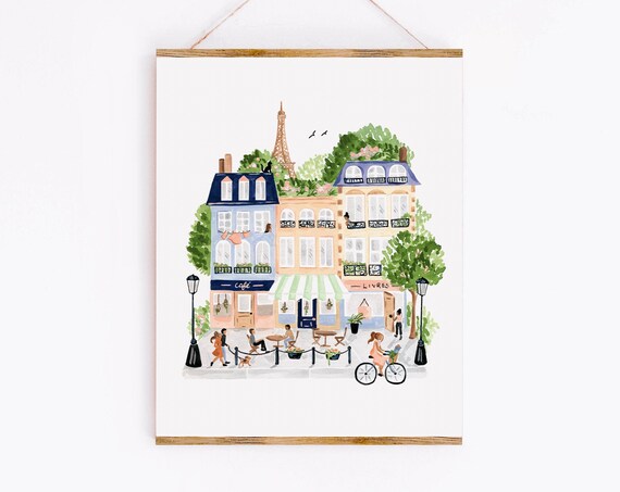 Paris Art Print, Parisian Scene Watercolor Illustration
