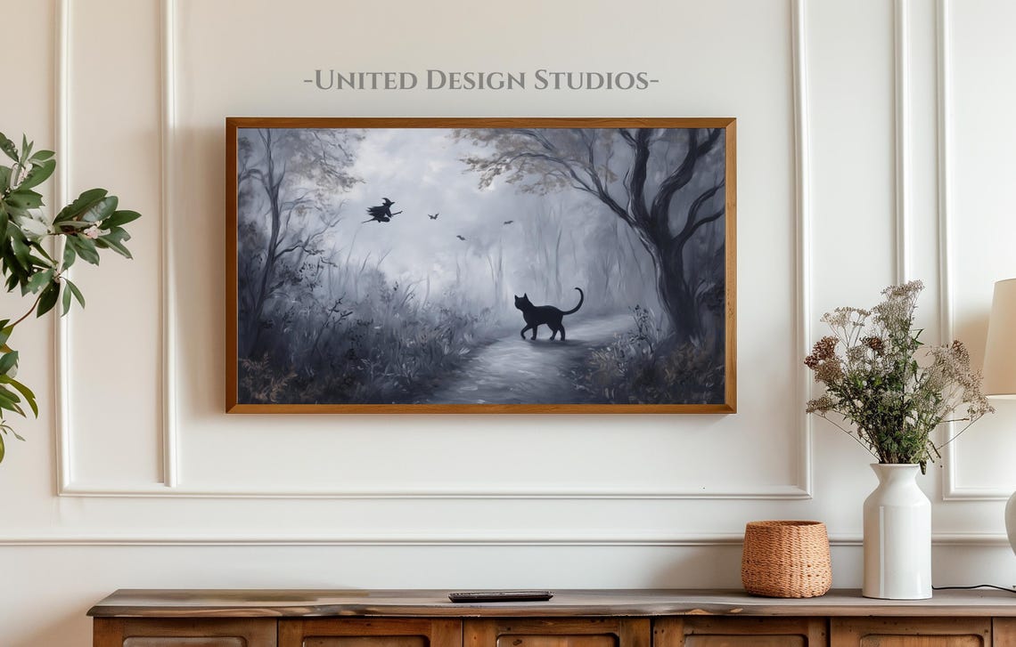 Black Cat Haunted Forest Witch Moon Misty Halloween Spooky Poster - Image 3
