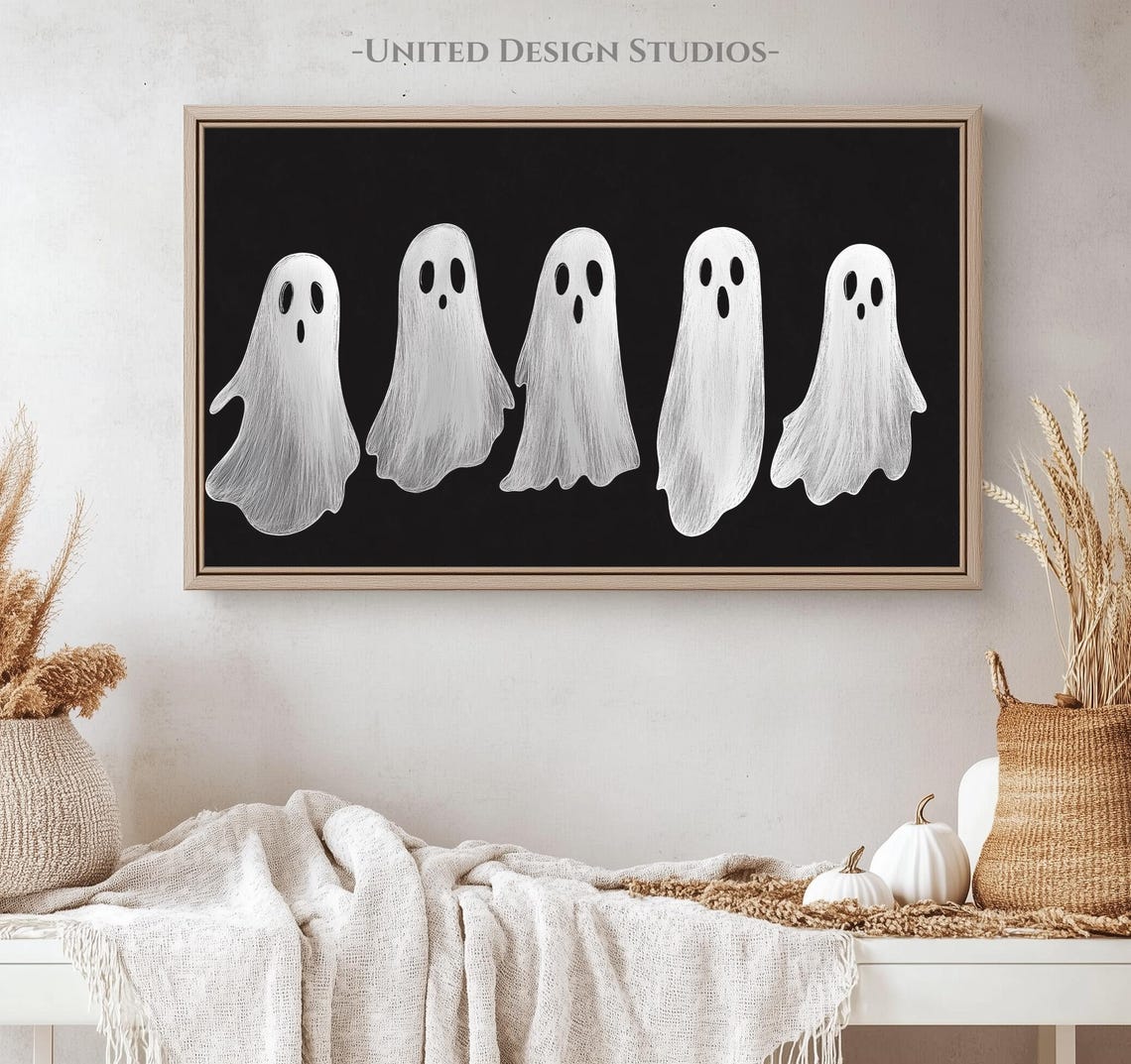 Five White Ghosts Black Background Minimalist Cute Halloween Poster - Image 4