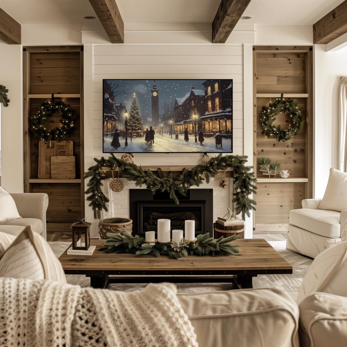 Snowy Winter Night City Christmas Art Print - Image 4