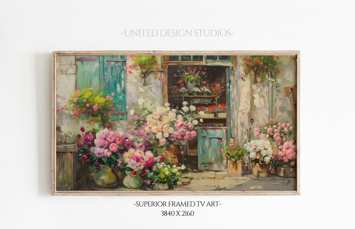French Flower Shop Storefront Roses Vintage Bouquet Floral Art Poster