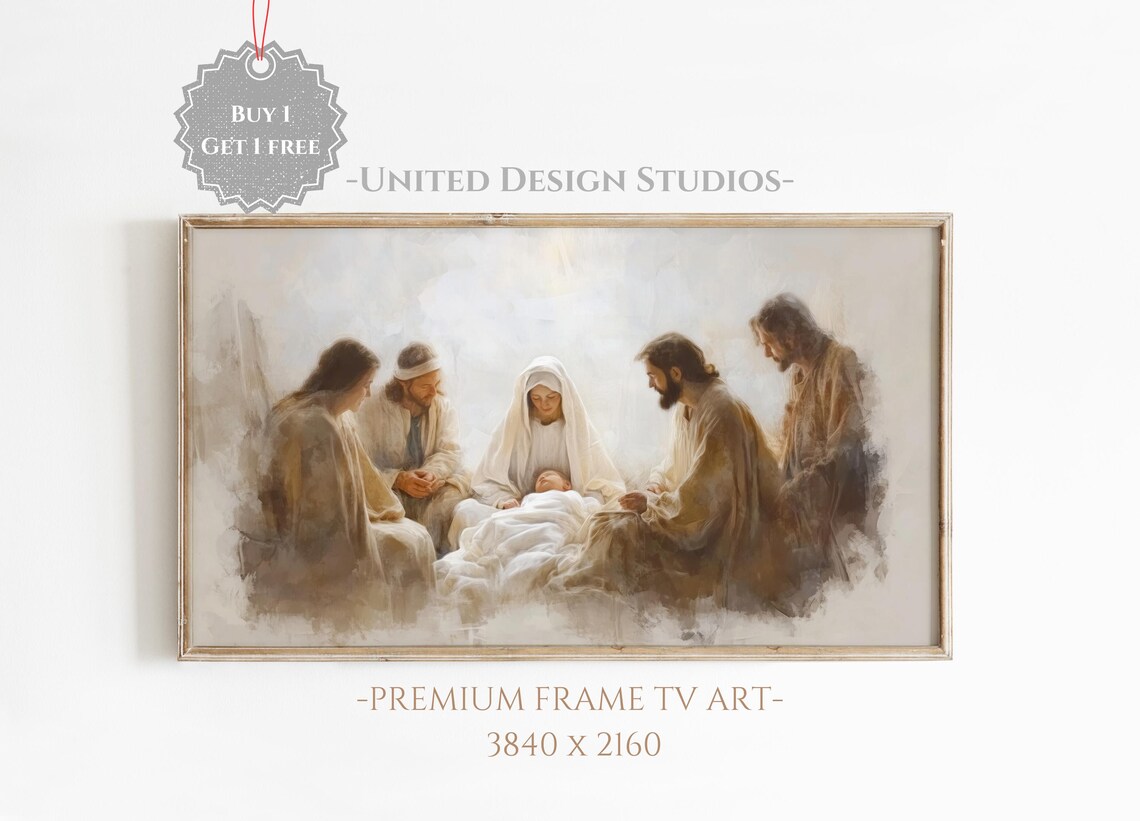 Holy Family Adoration Baby Jesus Soft Neutral Nativity Art Poster