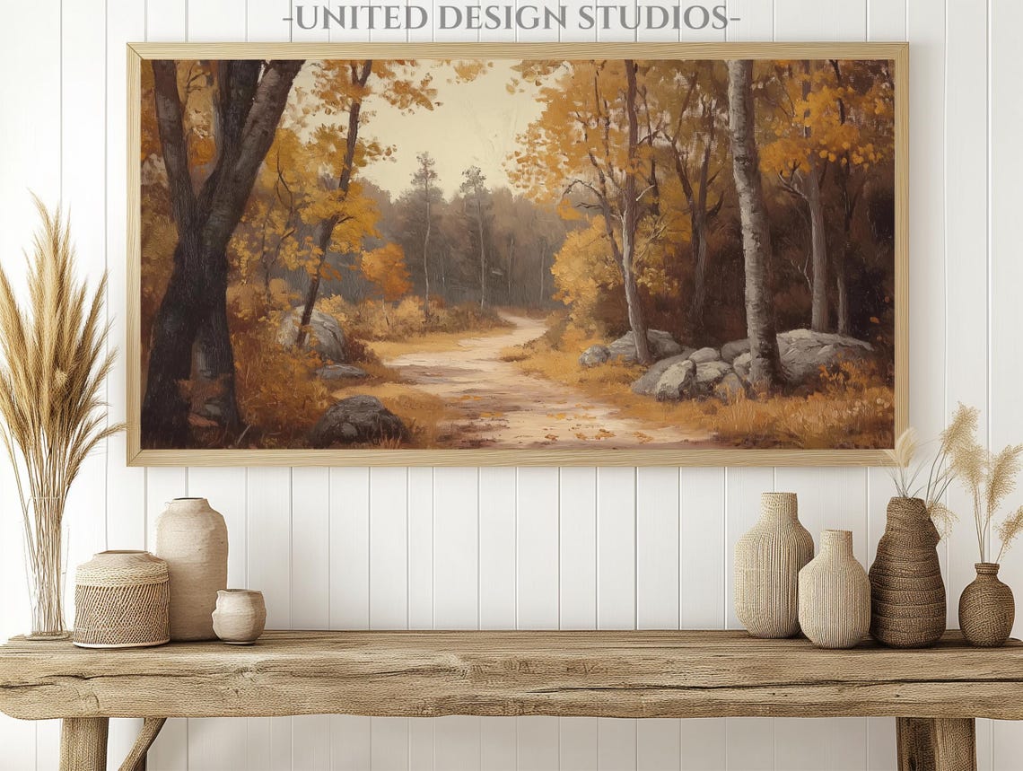 Golden Birch Forest Path Sunlit Autumn Woods Fall Frame TV Art Poster - Image 2