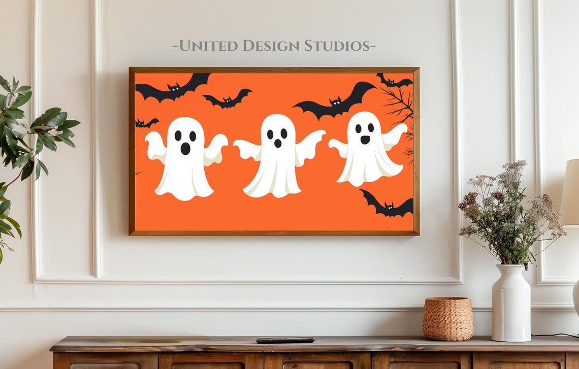 Three Cute White Ghosts Bats Bright Orange Kids Halloween Party Poster - Image 3