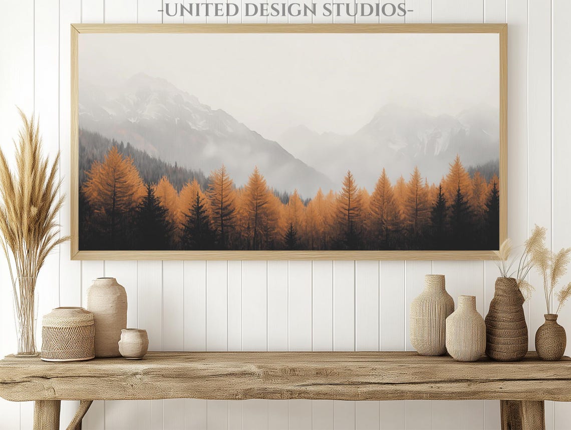 Misty Autumn Mountains Golden Pine Forest Fall Landscape Poster - Image 2