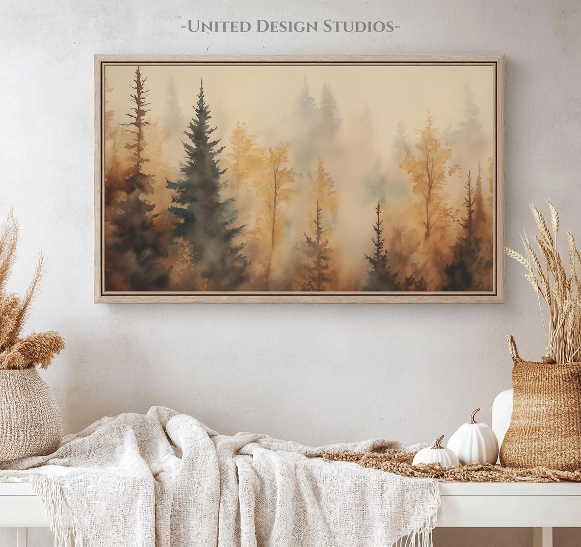 Misty Fall Forest Amber Watercolor Autumn Trees Painting Poster - Image 4
