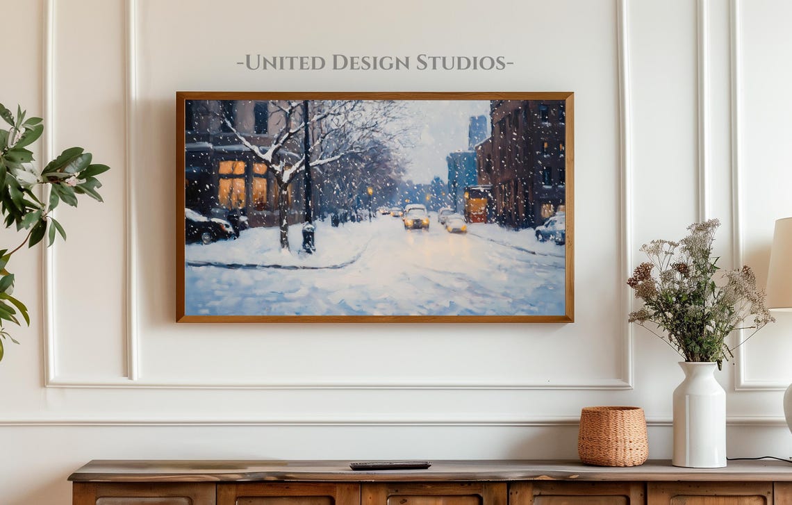 Frame Tv Winter Art Painting Of A City Winter Frame Tv Art New York Winter Holiday Frame Tv Art Snowy City Frame Tv Art - Image 3