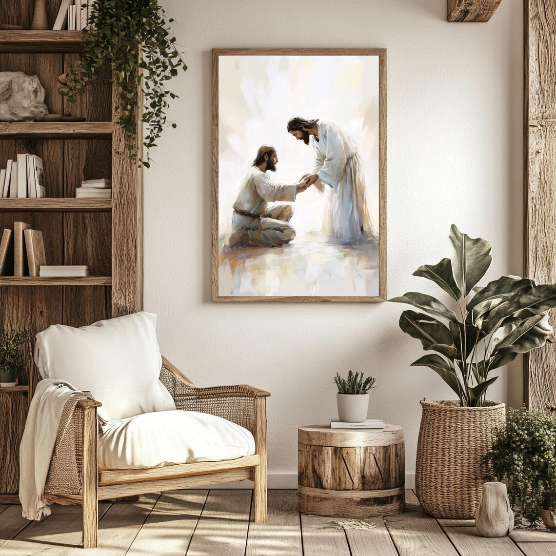 Jesus Reaching To Kneeling Man Healing Touch Soft Watercolor Faith Poster - Image 2