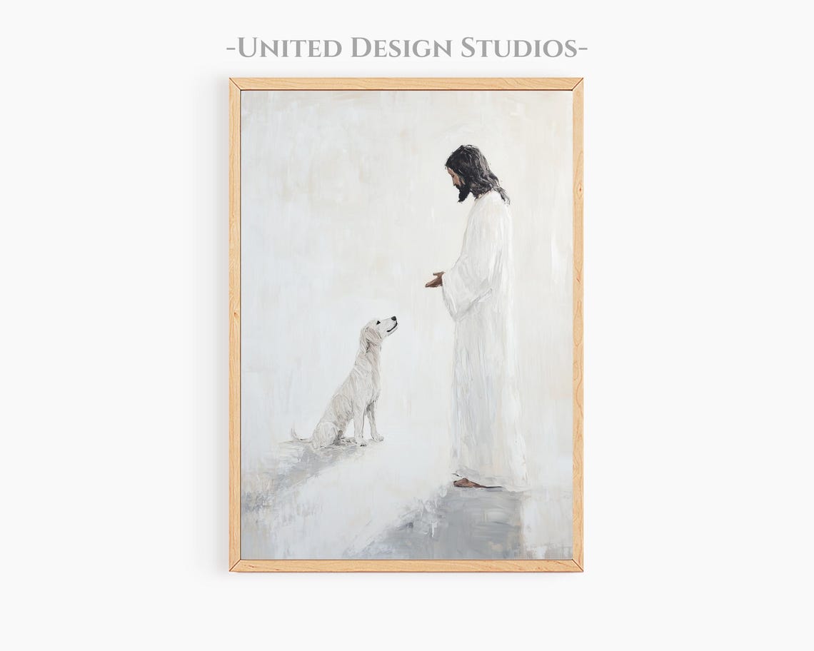 Jesus Welcoming A Dog To Heaven Christian Artwork Jesus And Dog Modern Christian Art Bible Sketches Jesus Loves You Jesus Painting