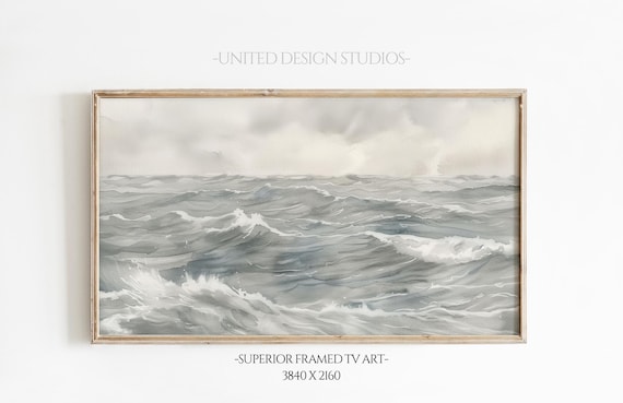 Gray Ocean Waves Painting Moody Seascape Minimalist Stormy Sea Wall Art Poster