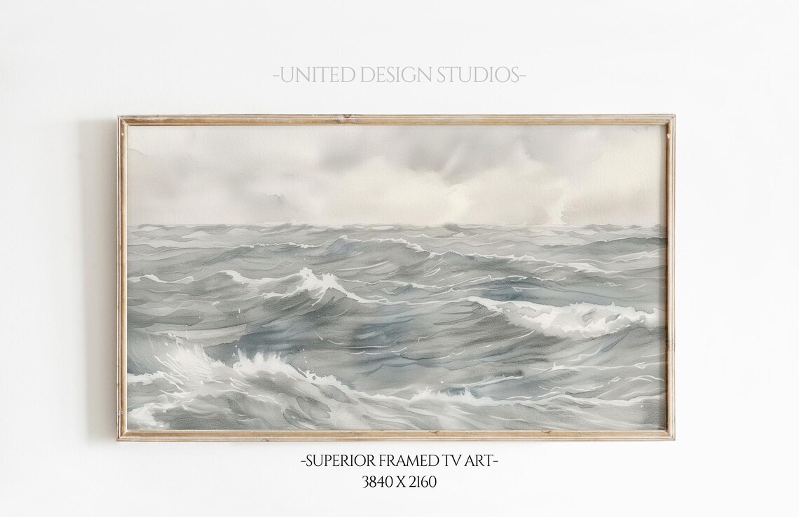 Gray Ocean Waves Painting Moody Seascape Minimalist Stormy Sea Wall Art Poster
