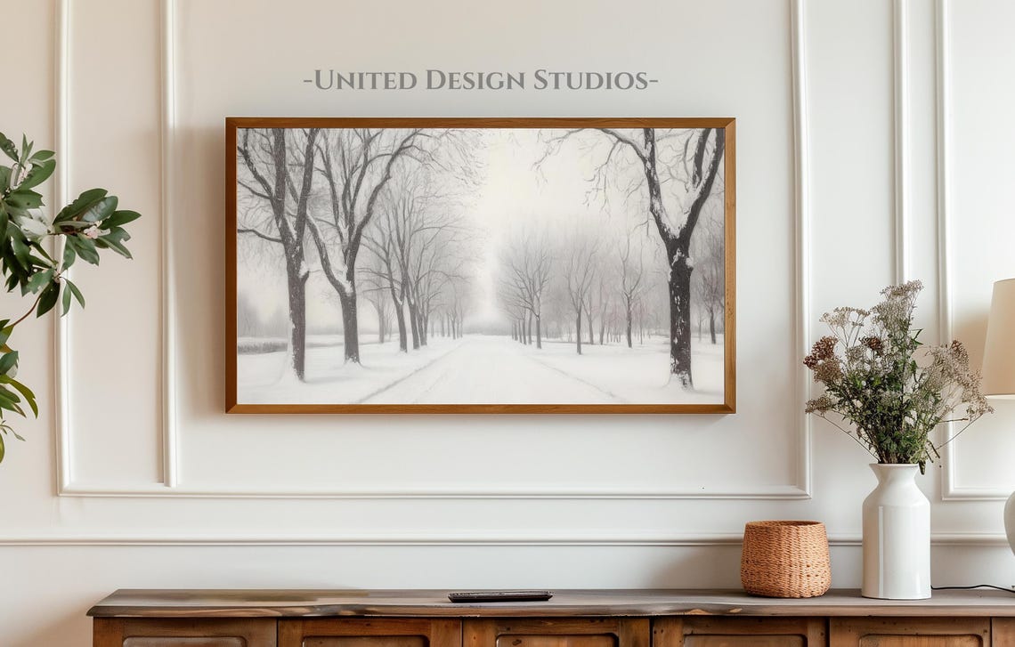 Frame Tv Winter Art Painting Of Winter Path Through Snowy Trees Farmhouse Winter Tv Art Holiday Frame Tv Art Christmas Frame Tv Art - Image 3