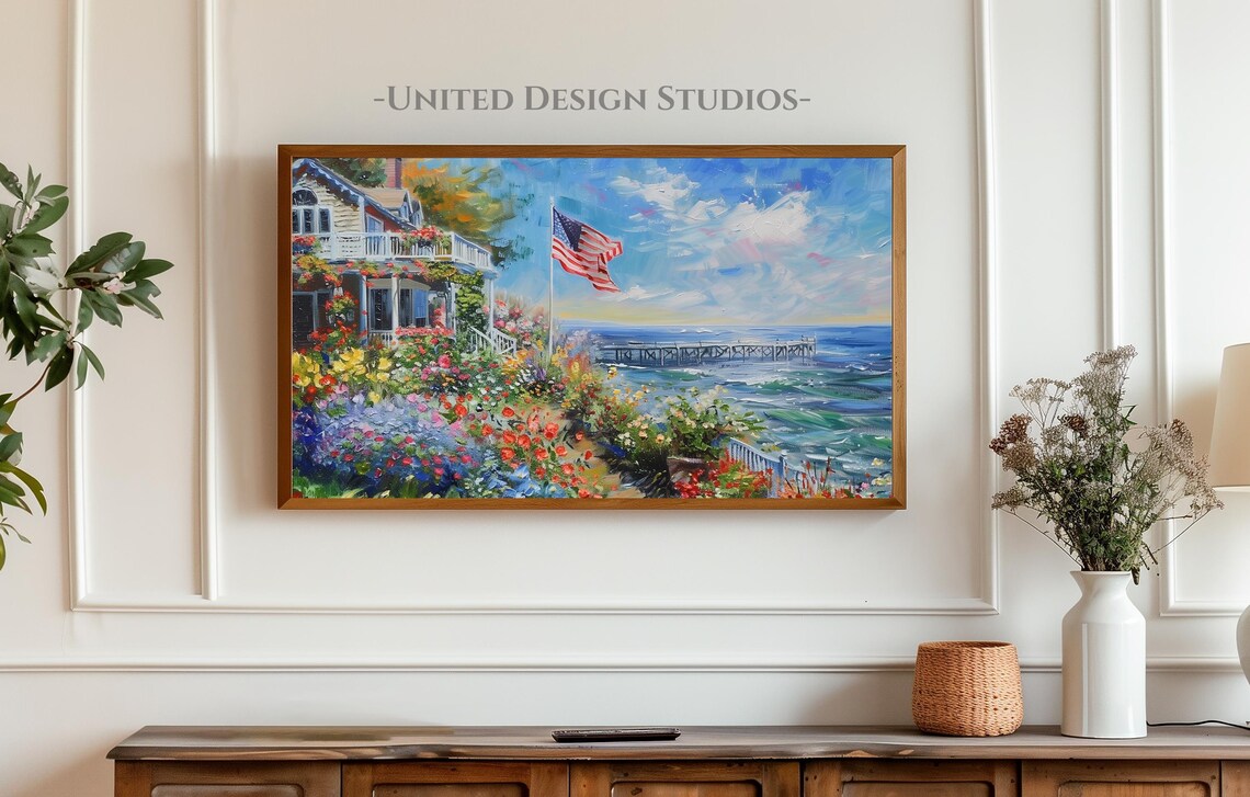 American Flag Coastal Cottage Flower Garden Ocean Pier Bright Summer Poster - Image 4