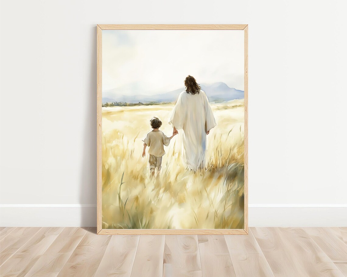 Jesus Walking With Child Golden Wheat Field Tender Christian Art Poster - Image 4