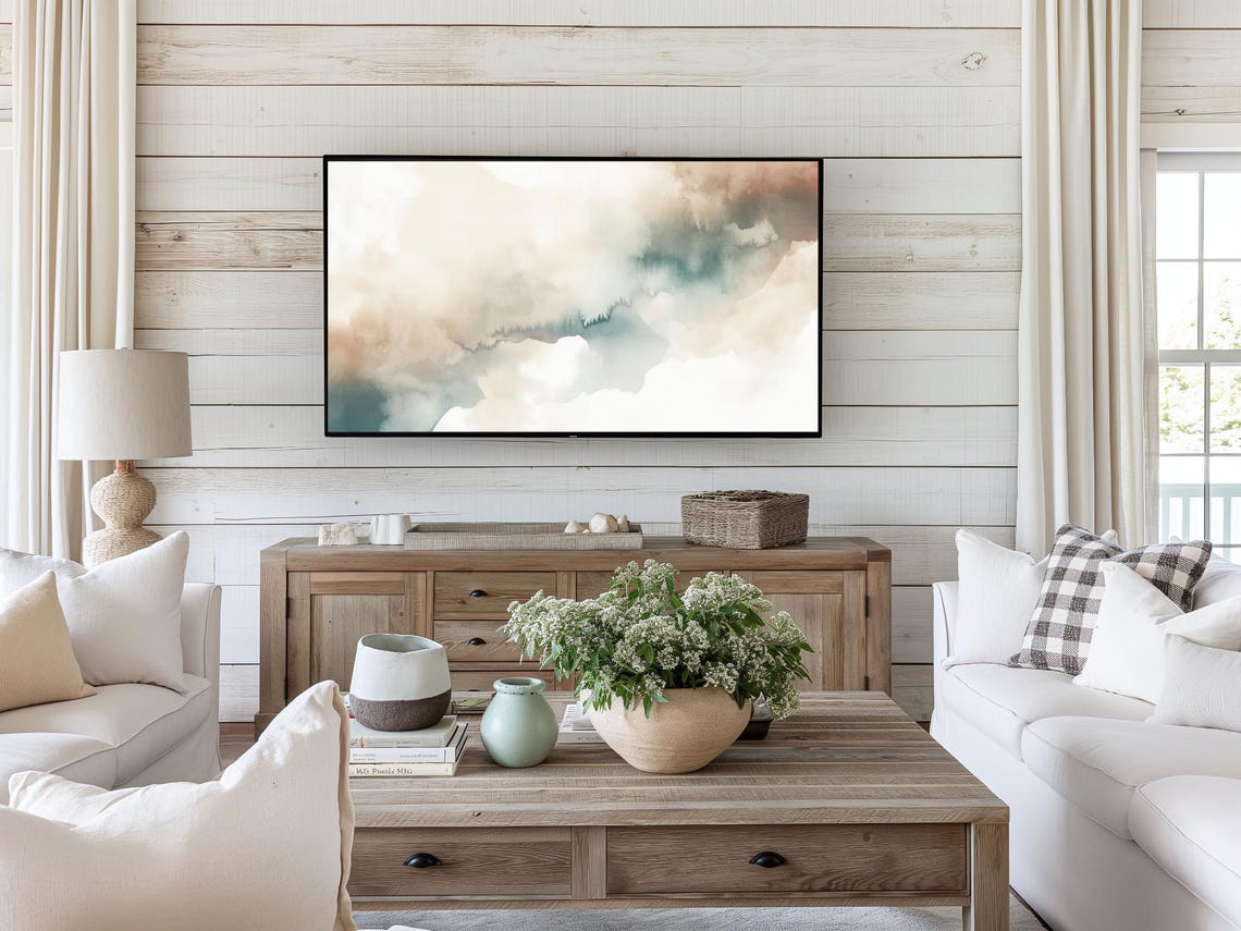 Blue Brown White Abstract Clouds Watercolor Wash Frame TV Art Poster - Image 4