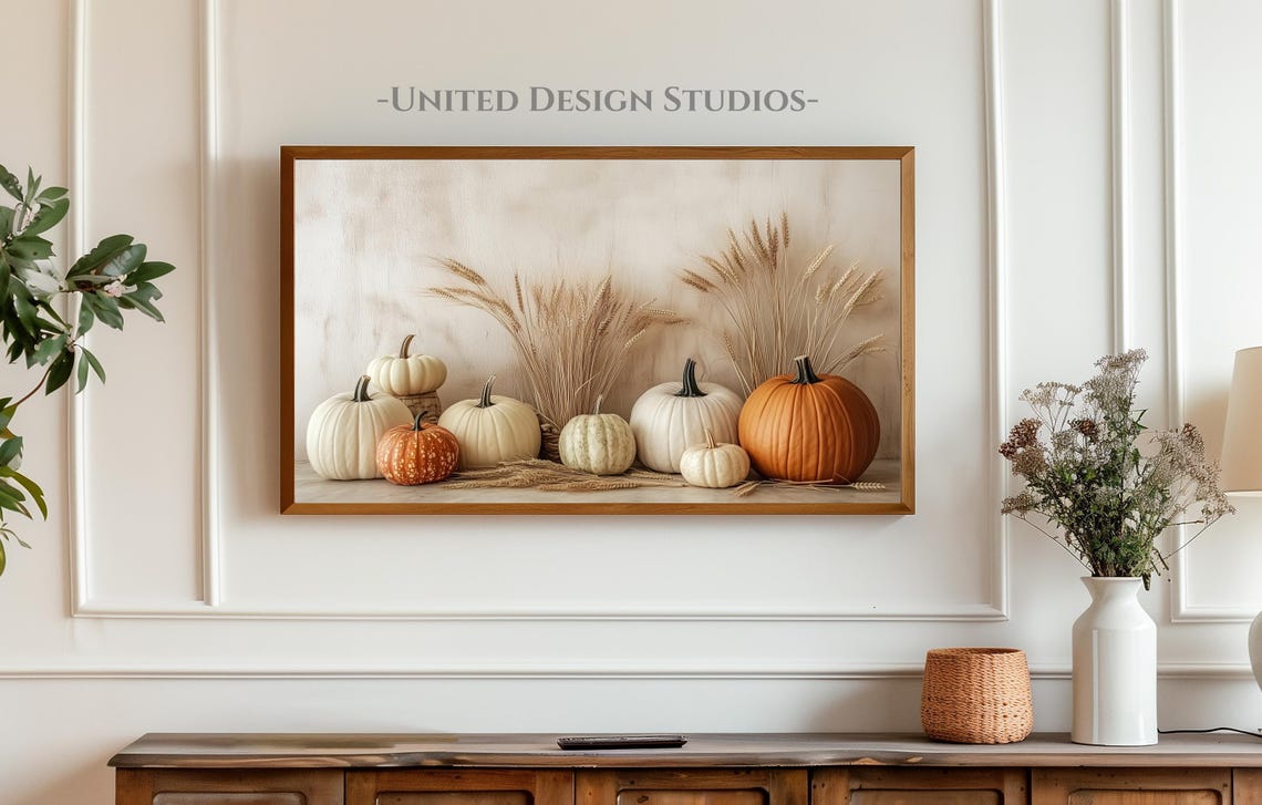 White Orange Pumpkins Wheat Neutral Fall Farmhouse Art Print - Image 3