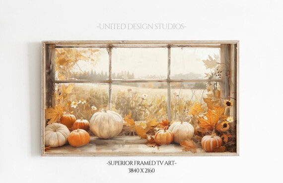 Rustic Autumn Window Pumpkins Golden Fall Leaves Farmhouse Poster