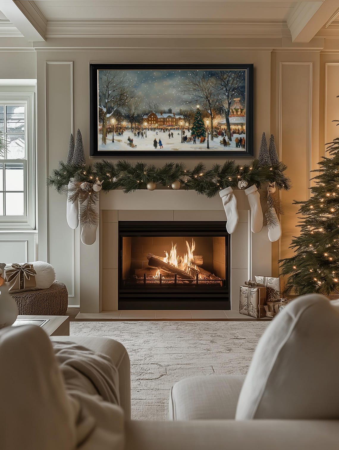 Winter Frame Tv Art Frame Tv Art Christmas Neutral Landscape Painting Of Winter Town Tv Art Farmhouse Christmas Frame Tv Art - Image 2