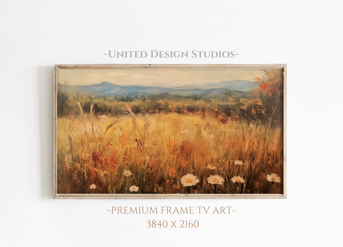 Golden Autumn Meadow Daisies Mountain Valley Fall Landscape Poster