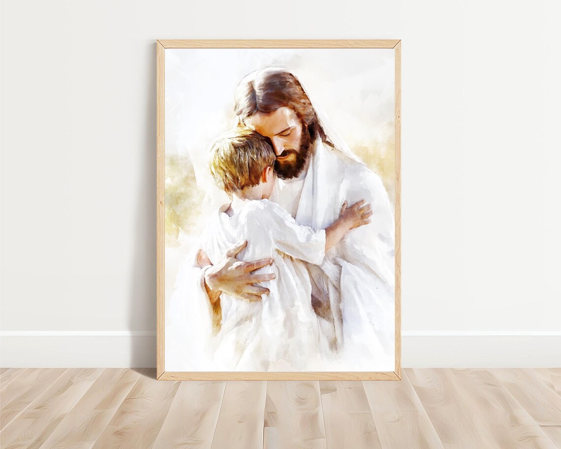 Jesus Holding Young Boy Close Watercolor Comfort Christian Faith Art Poster - Image 3