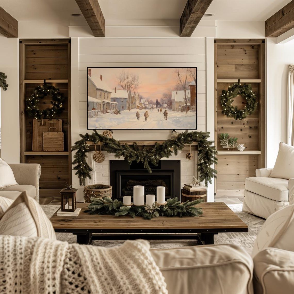 Frame Tv Winter Art Neutral Christmas Town Winter Painting Frame Tv Art Farmhouse Christmas Frame Tv Cottagecore Winter Tv Art - Image 4