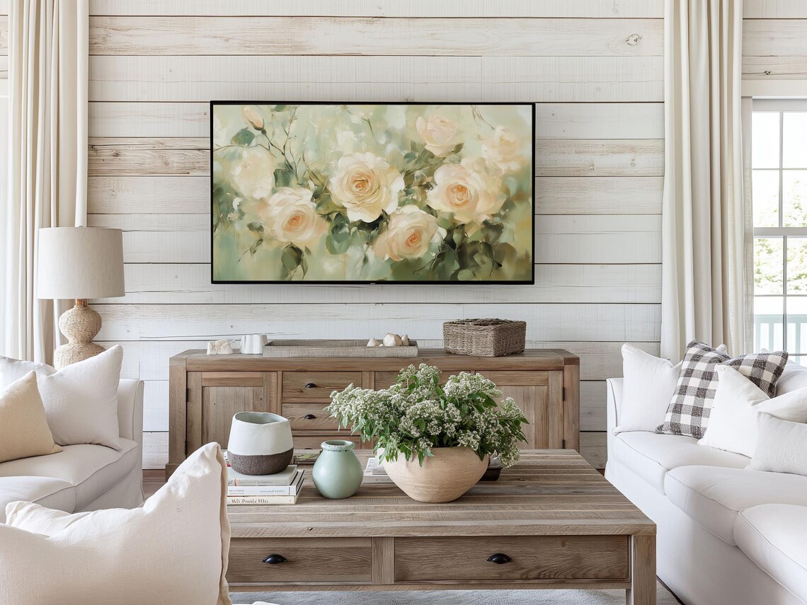 White Roses Sage Green Soft Floral Oil Painting Frame TV Art Poster - Image 2