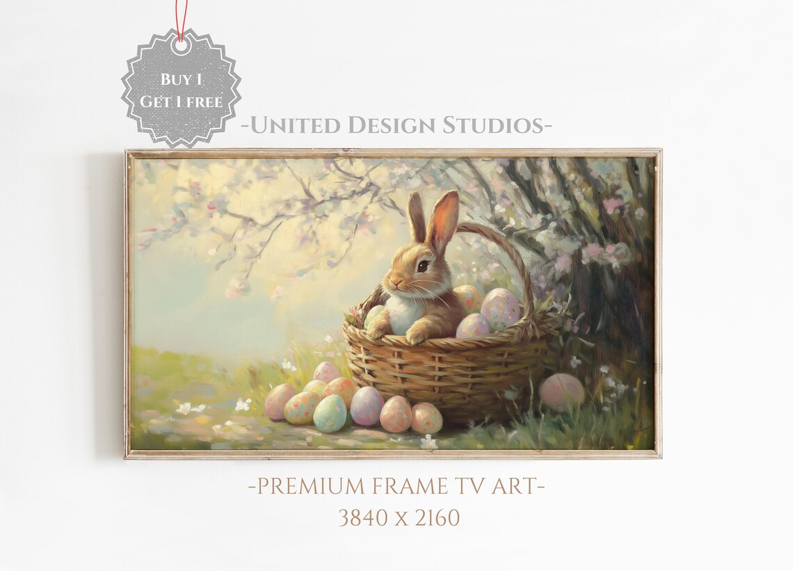 Easter Bunny In Basket With Easter Eggs, Floral