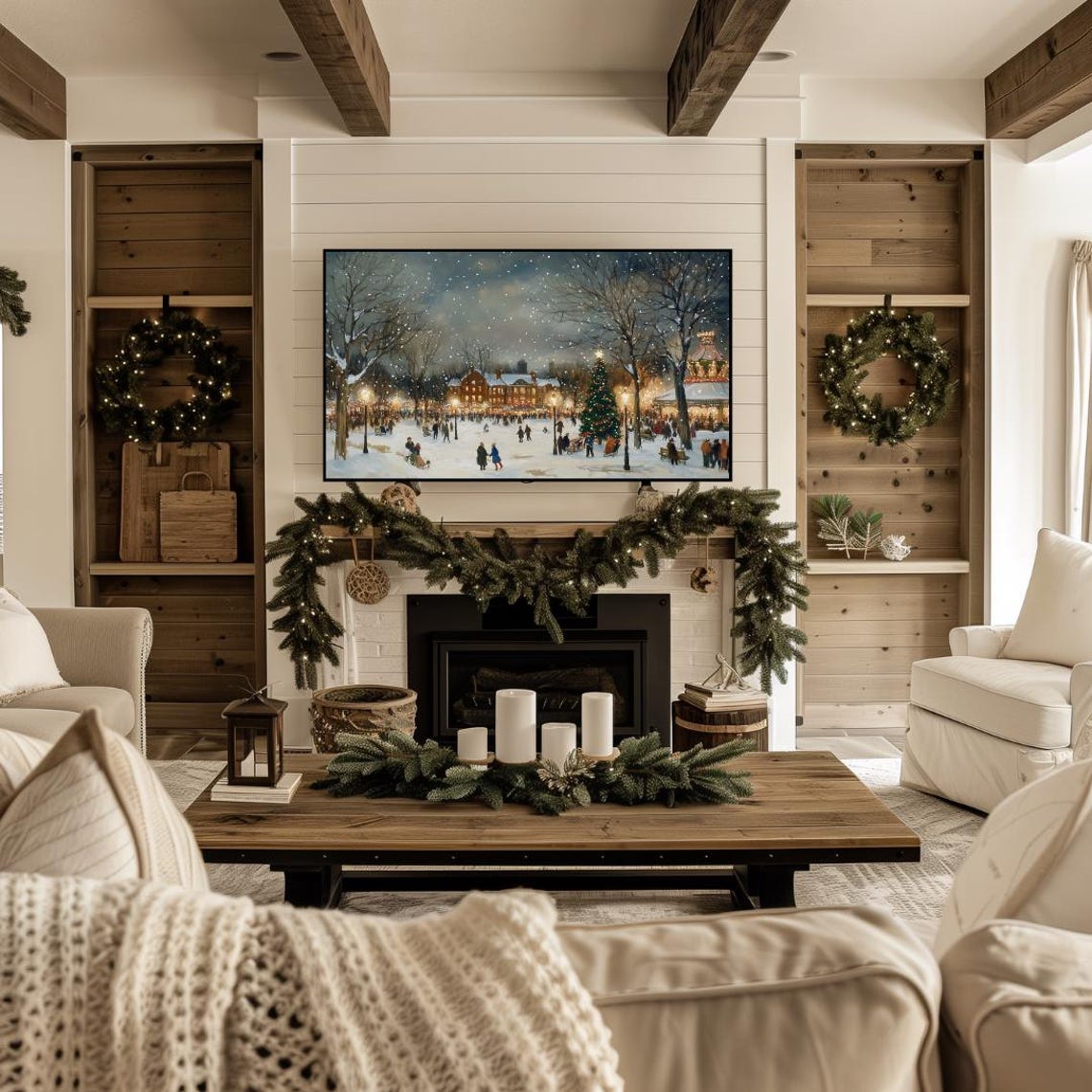 Winter Frame Tv Art Frame Tv Art Christmas Neutral Landscape Painting Of Winter Town Tv Art Farmhouse Christmas Frame Tv Art - Image 4