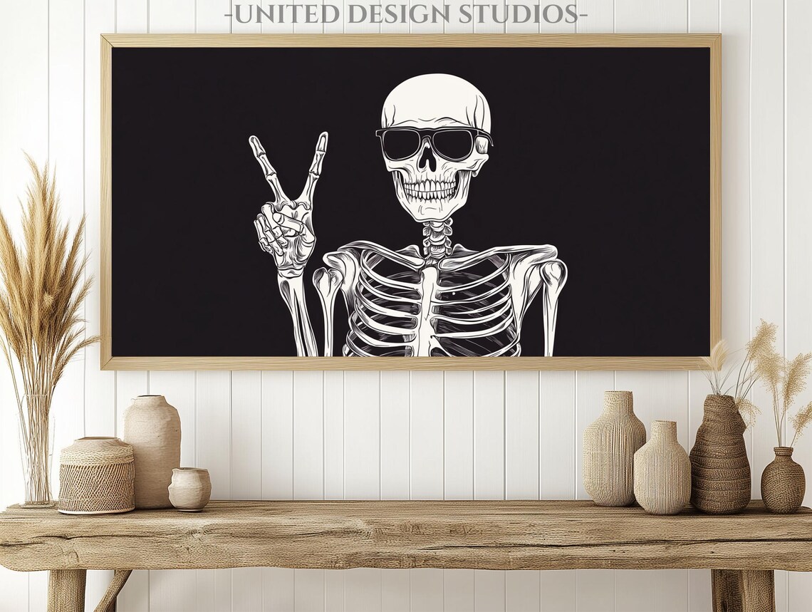 Funny Skeleton Sunglasses Peace Sign Black Halloween Modern Poster - Image 2