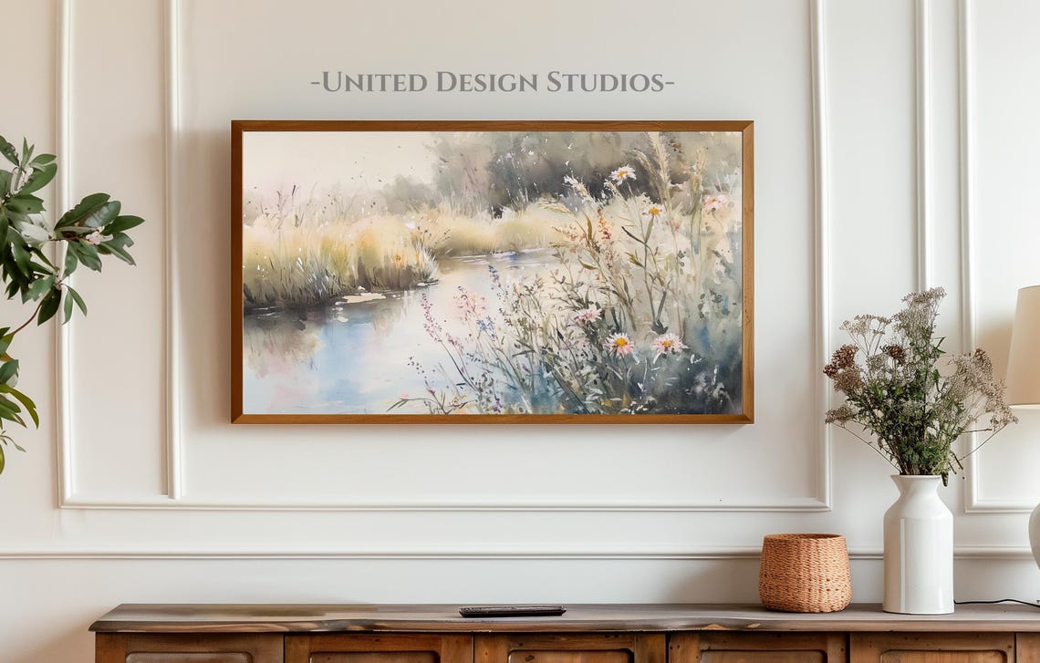 Wildflower River Summer Watercolor Meadow Landscape Wall Art - Image 4