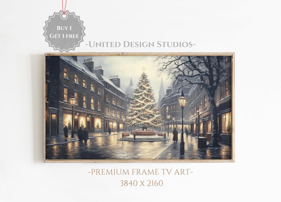 Christmas Street Night Lit Tree Town Square Old Town Holiday Poster