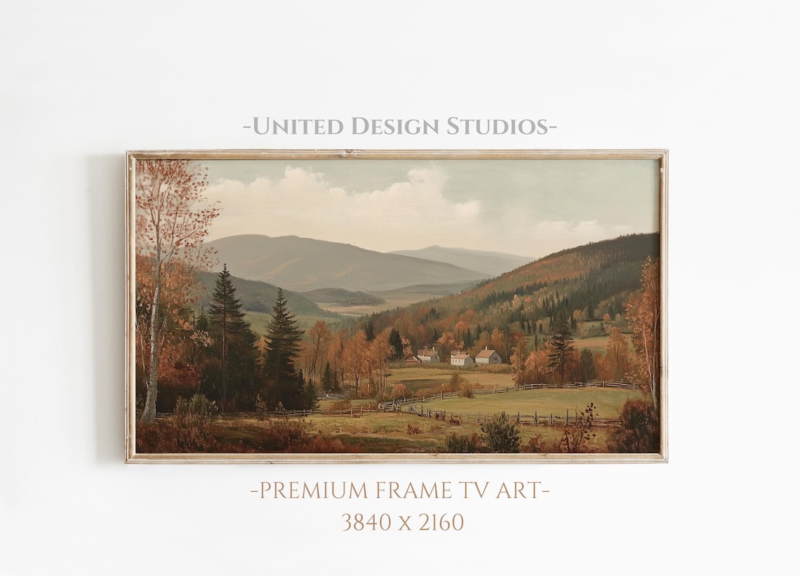 Autumn Valley Mountains Farmhouses Fall Foliage Vintage Art Print