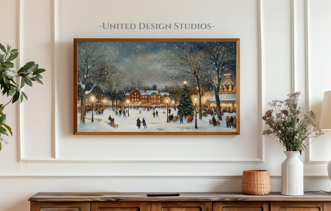 Winter Frame Tv Art Frame Tv Art Christmas Neutral Landscape Painting Of Winter Town Tv Art Farmhouse Christmas Frame Tv Art - Image 3