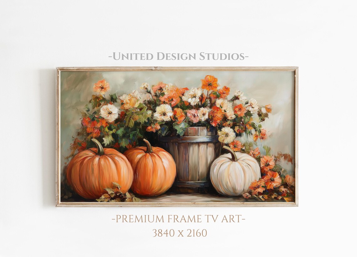 Fall Flowers and Pumpkins Art Print, Farmhouse